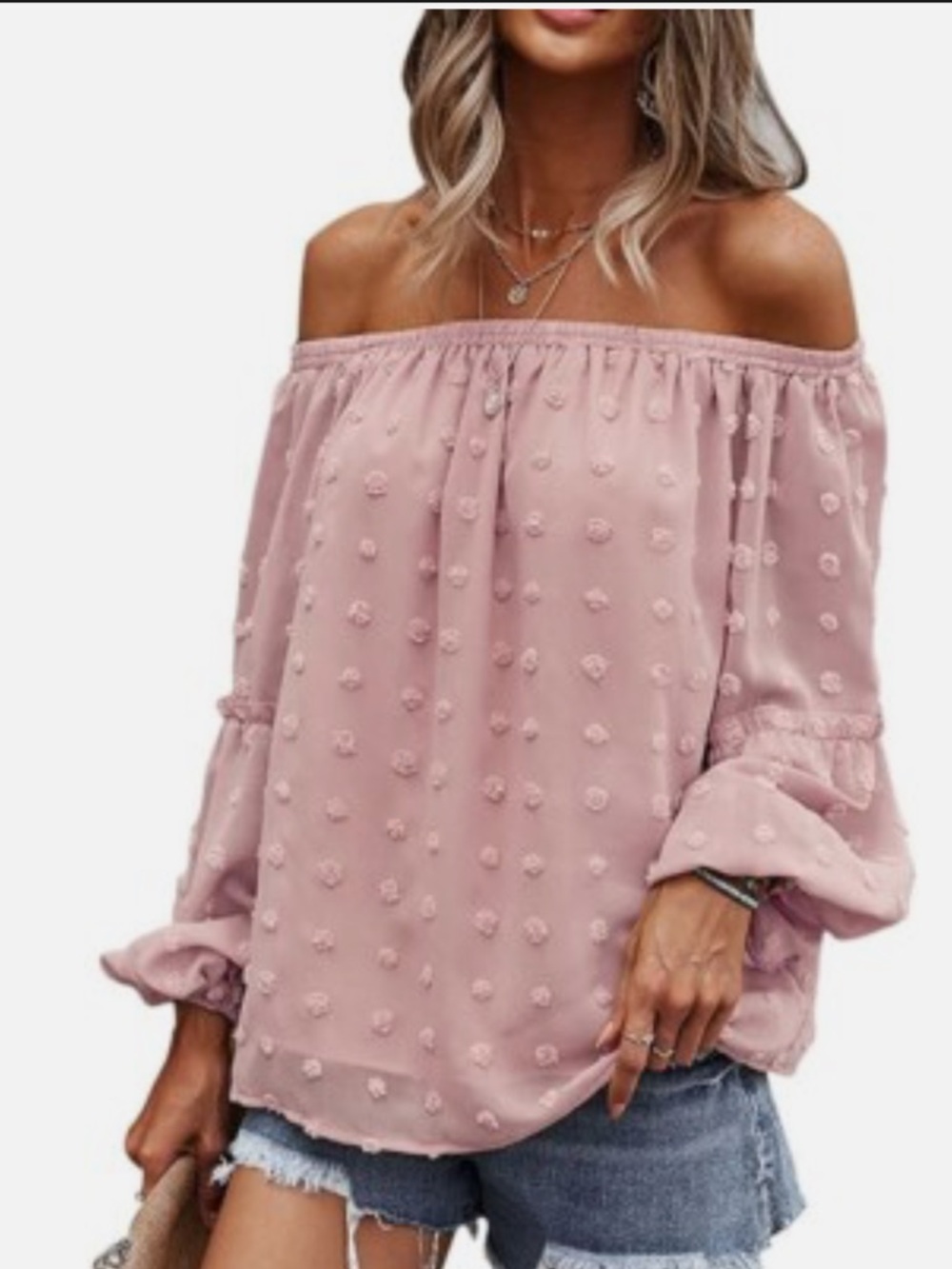 NWT CUPSHE Chiffon Off The Shoulder Pom Pom Tops Swiss Dot Lantern Sleeve Top